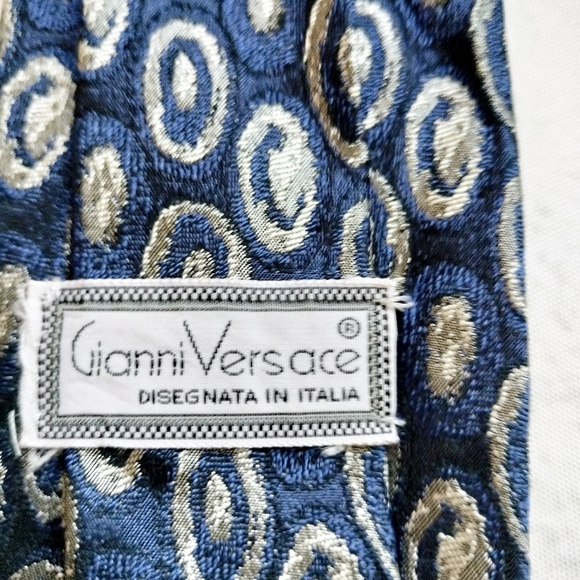 Gianni Versace Silk Necktie Tie Blue Gray Geometric Luxury Classic Made in Italy - Picture 3 of 9